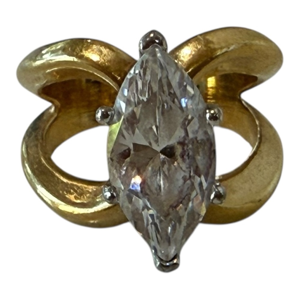 Vintage ©Trifari Gold Tone Cocktail Ring | Large Marquise Rhinestone | Size 6.75